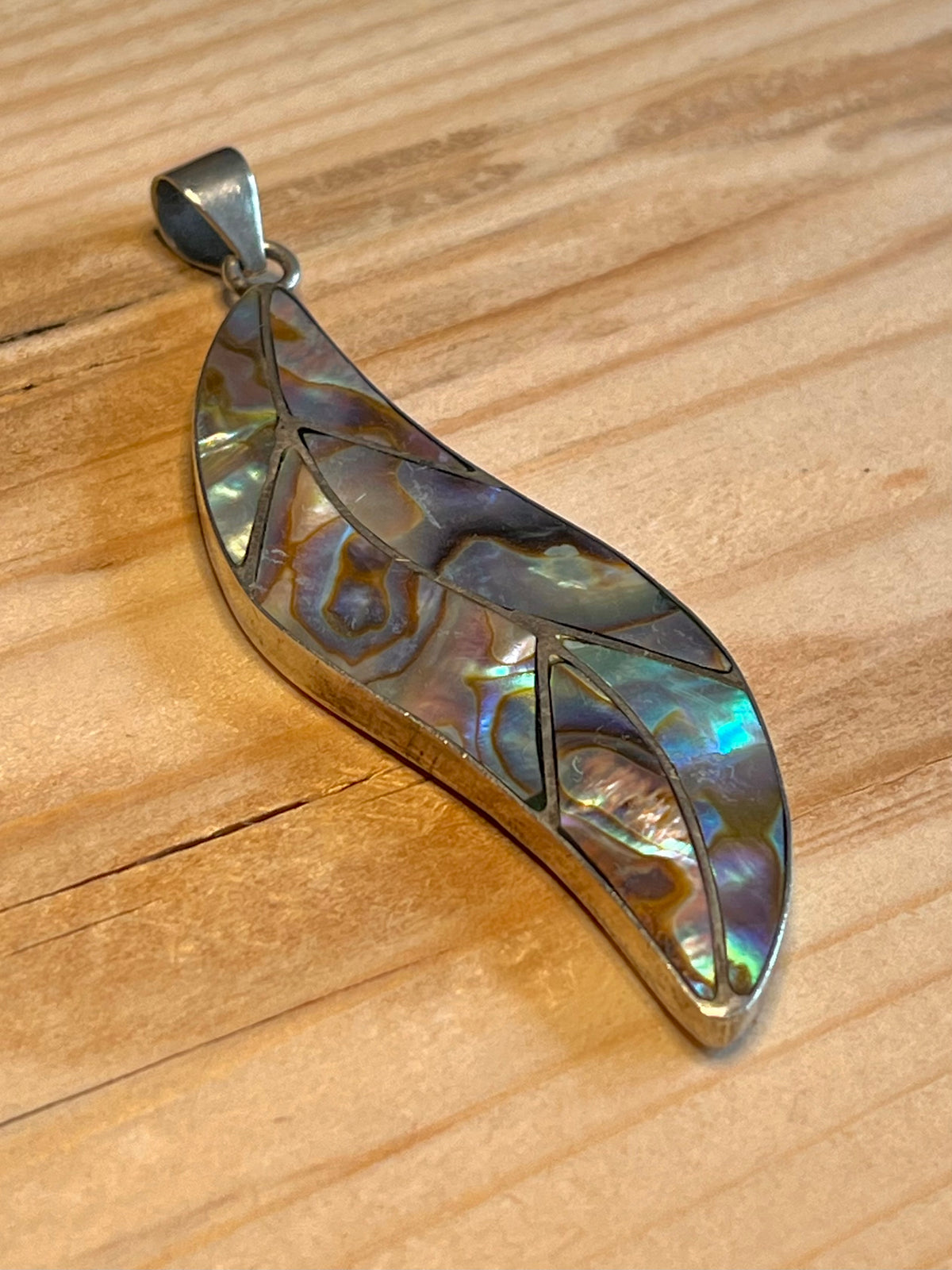Large Leaf Shaped Abalone Shell 925 Sterling Silver Pendant