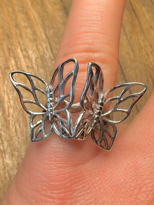 Vintage Double Butterfly 925 Sterling Silver Size N Ring
