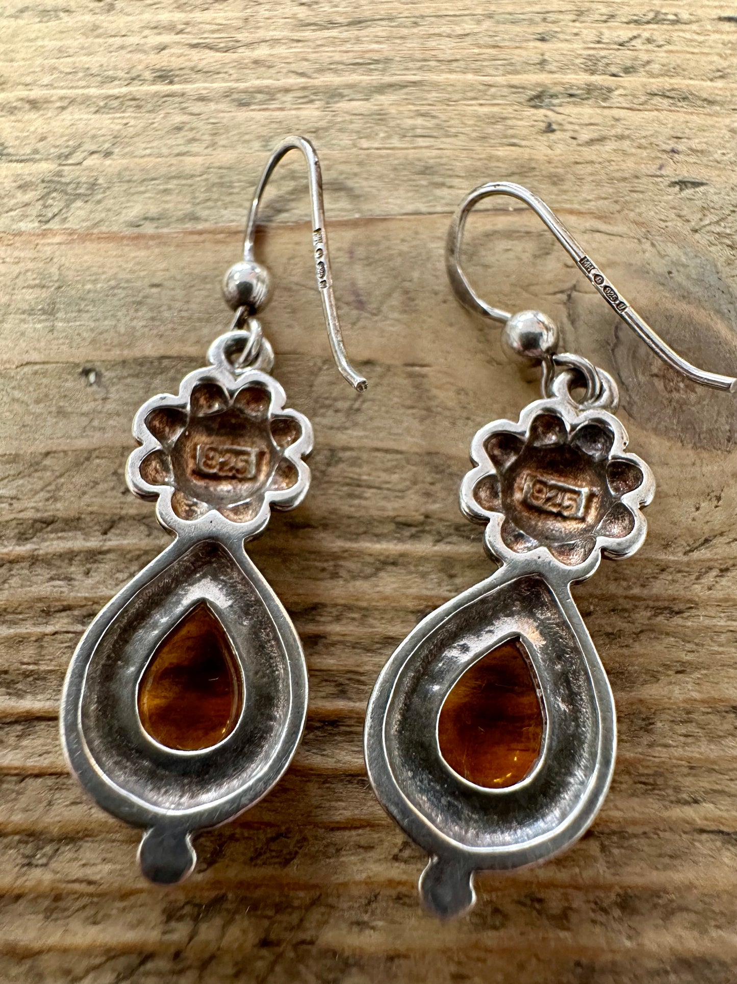 Vintage amber Flower 925 Silver Earrings