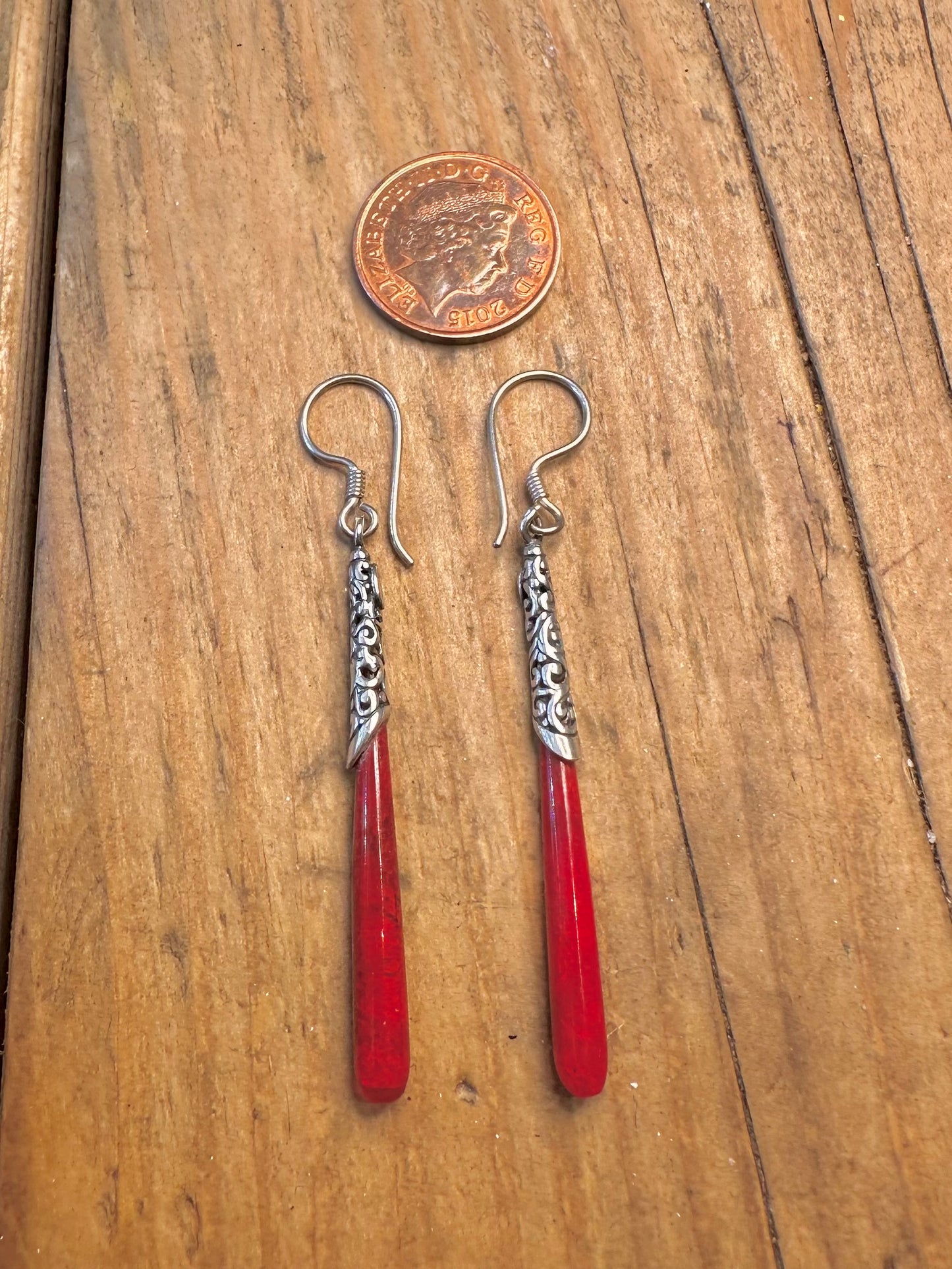 Bali Style Red Coral Polished Dangle 925 Sterling Silver Earrings