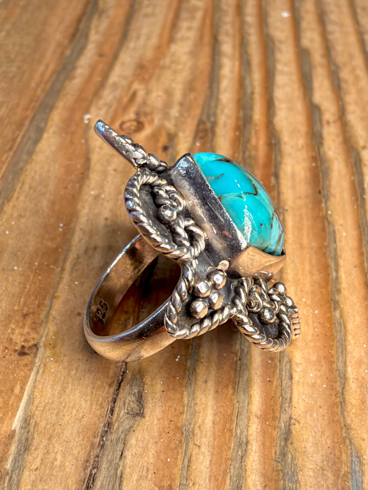 Ornate Turquoise Rope Beaded Border 925 Sterling Silver Size F1/2 Ring