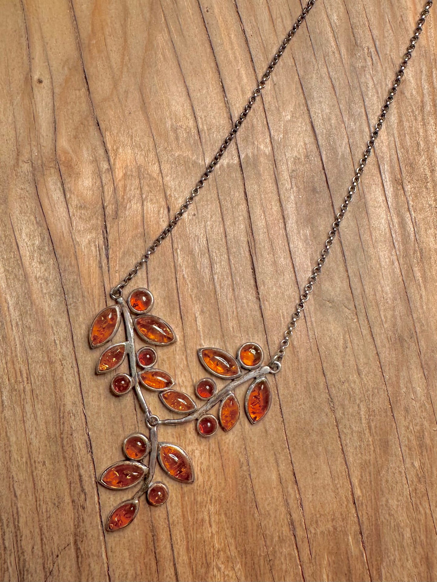 Vintage Amber Leaf Style 925 Sterling Silver 16.2 to 17.2 inch Necklace