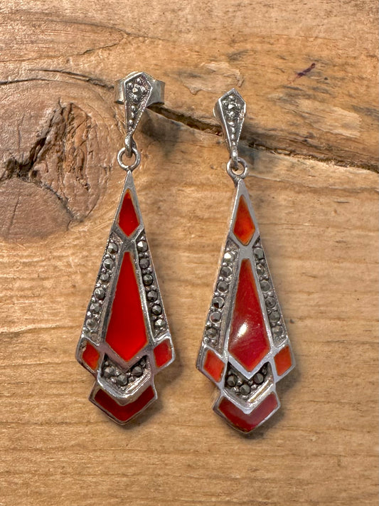 Vintage Carnelian and Marcasite Art Deco 925 Silver Earrings