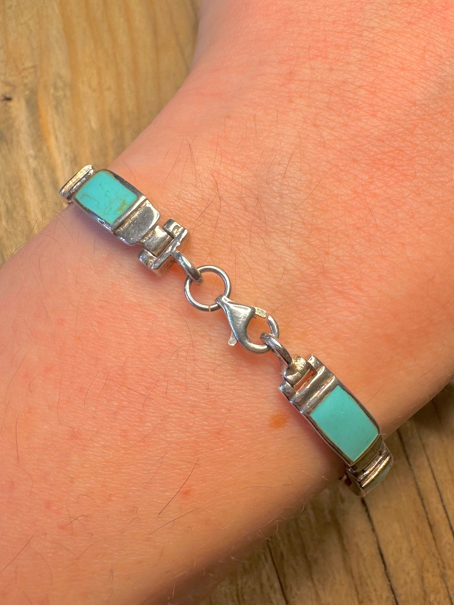 Vintage Turquoise Rectangle Links 925 Sterling Silver 7 inch Bracelet