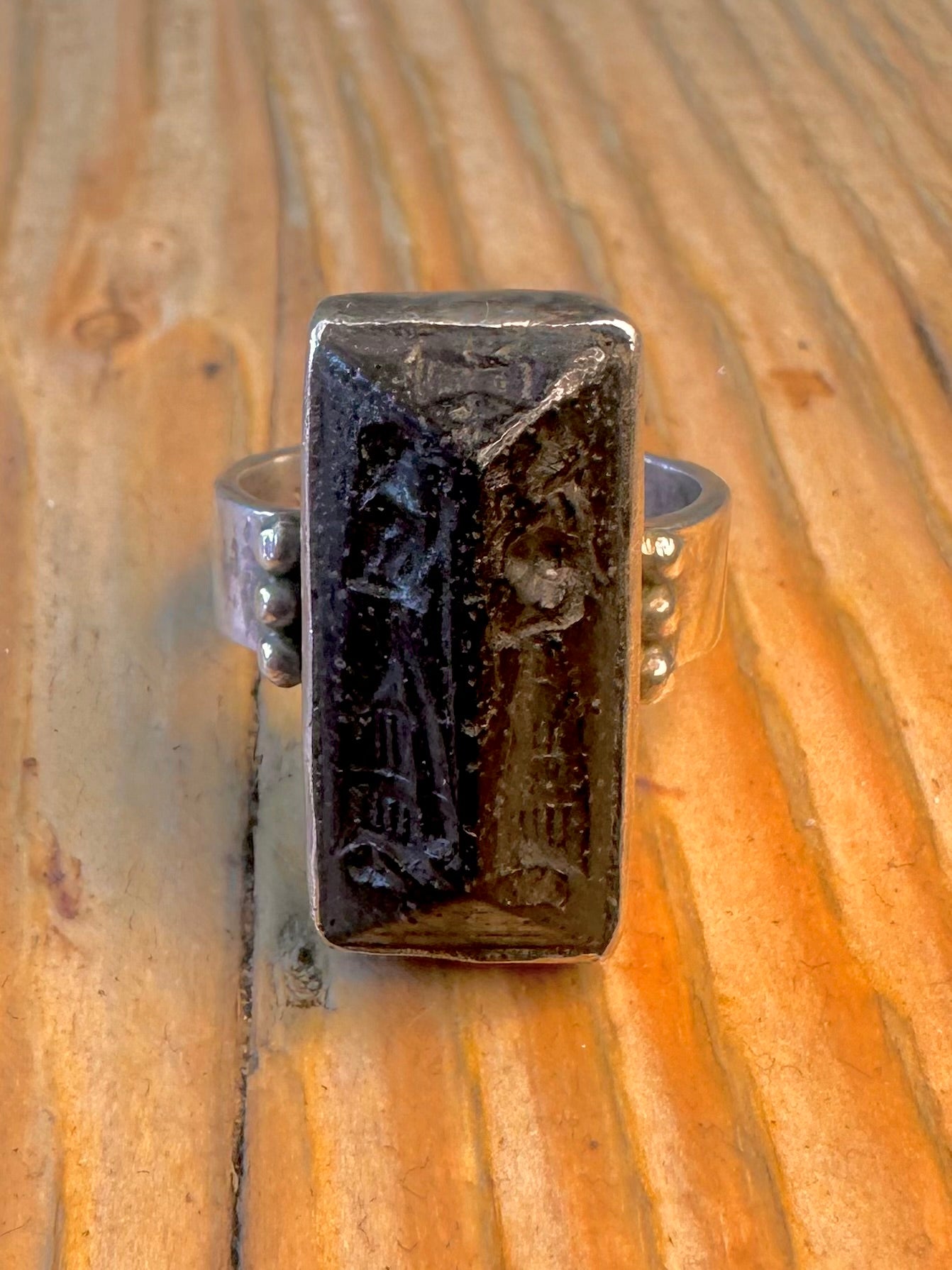 Black Stone Intricate Carved Figures 925 Sterling Silver Size L Ring