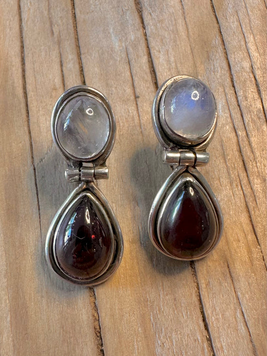 Vintage Moonstone and Garnet Hinged 925 Silver Earrings