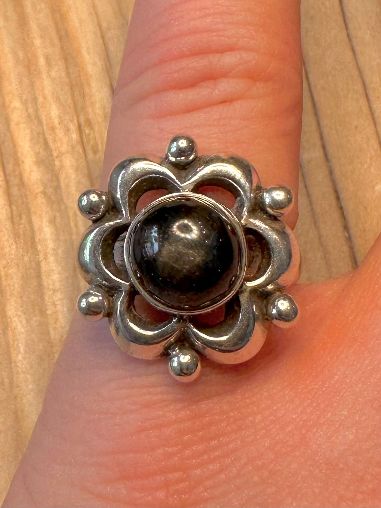 Vintage Black Stone Flower 925 Silver Size N Ring