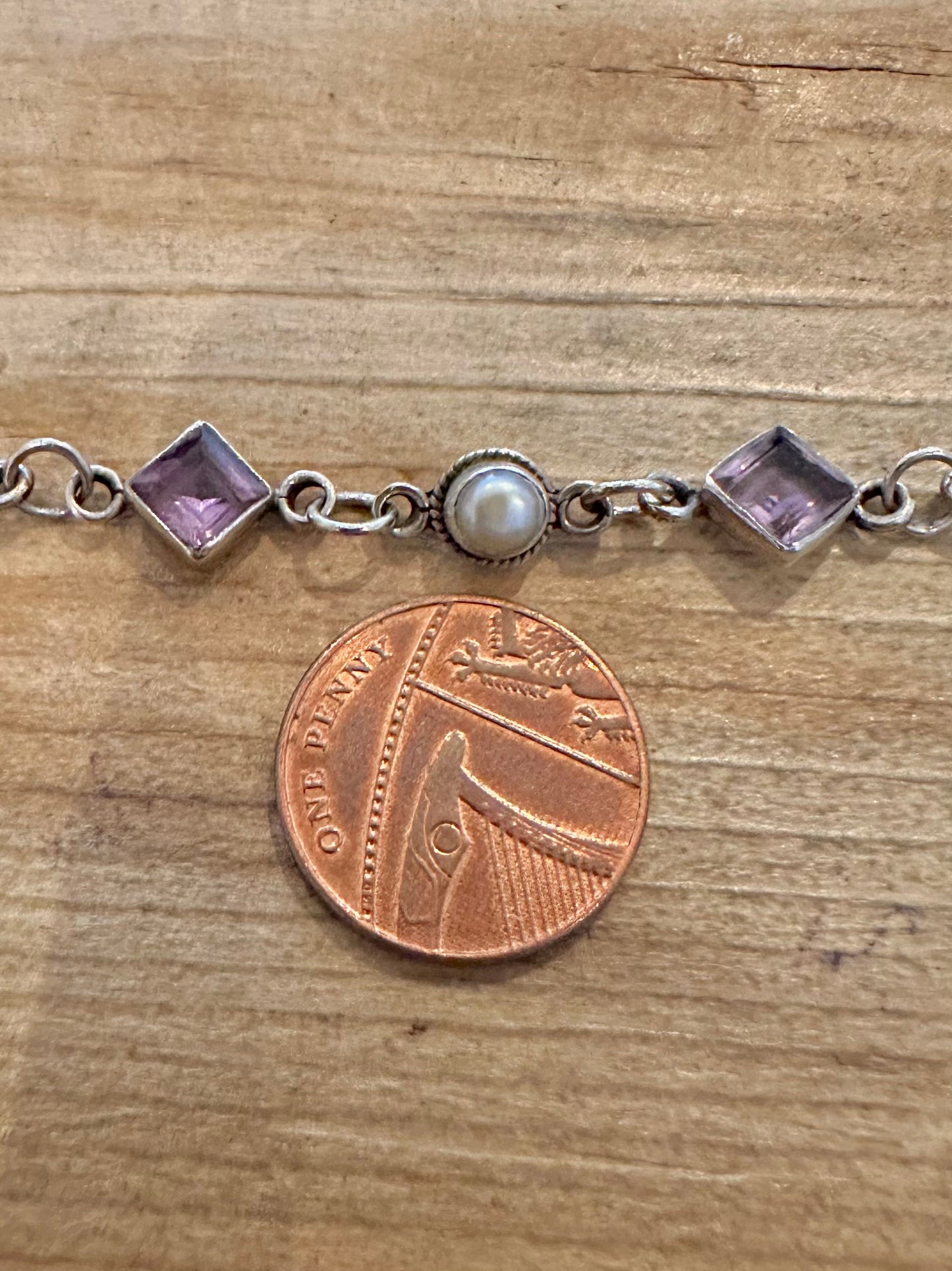 Vintage Amethyst and Pearl 925 Silver 7 inch Bracelet