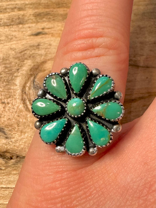 Vintage Native American Turquoise Flower 925 Silver Size N1/2 Ring