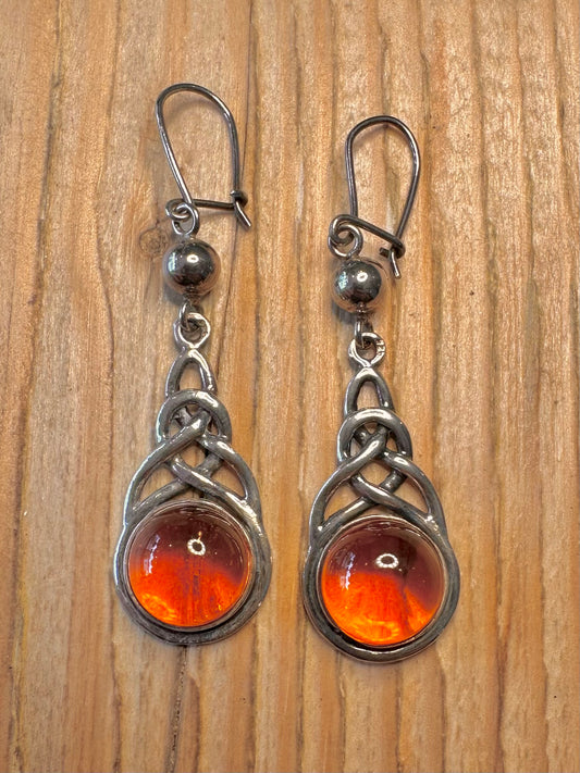 Vintage Amber Celtic Dangle 925 Sterling Silver Earrings