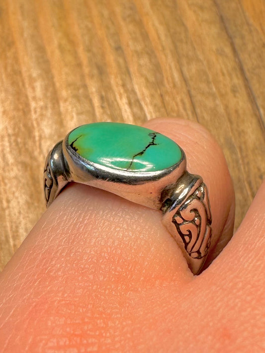 Vintage Turquoise Engraved 925 Sterling Silver Size O Ring