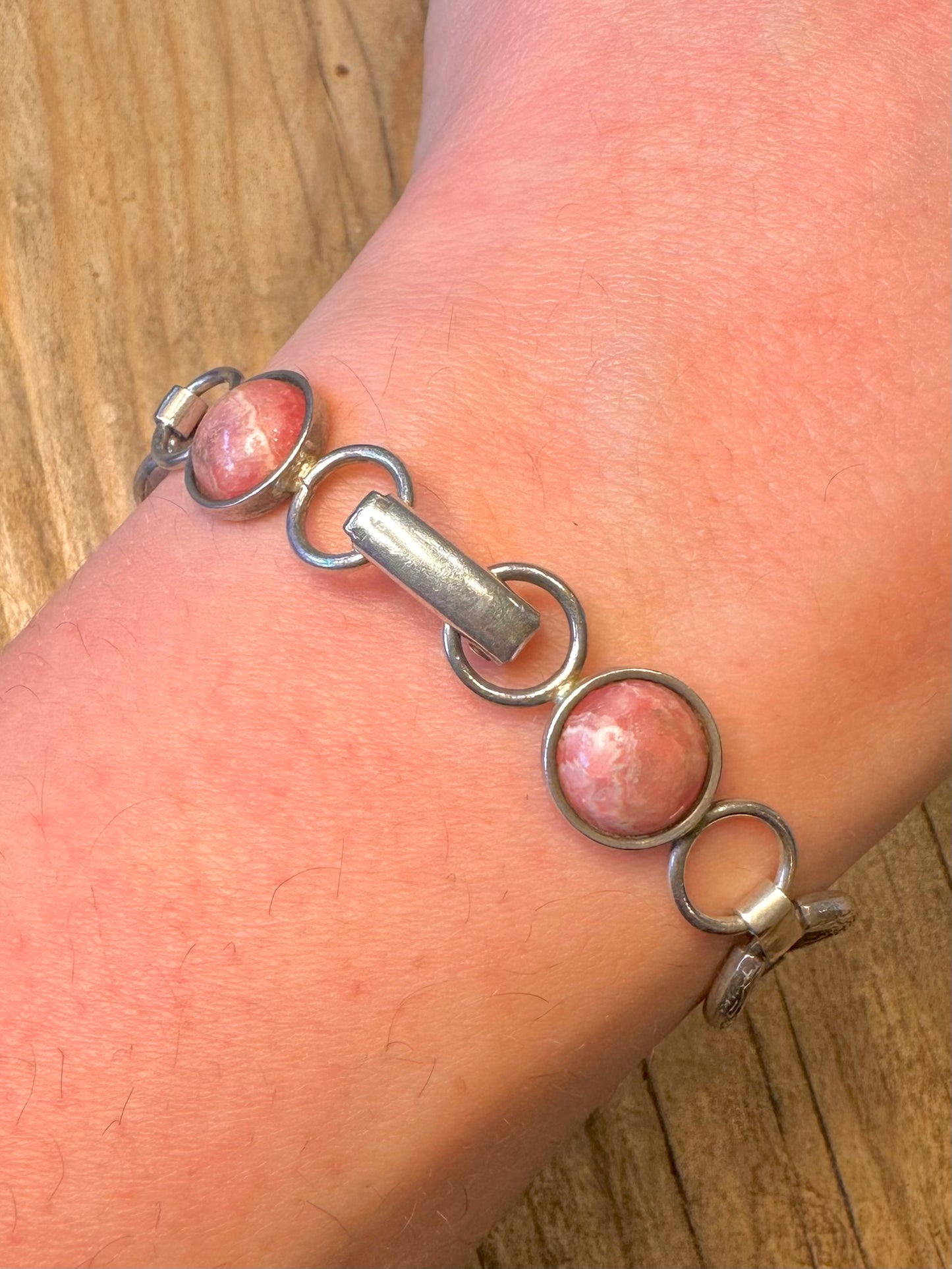 Abstract Rhodochrosite Oval Links 925 Sterling Silver 7.5 inch Bracelet