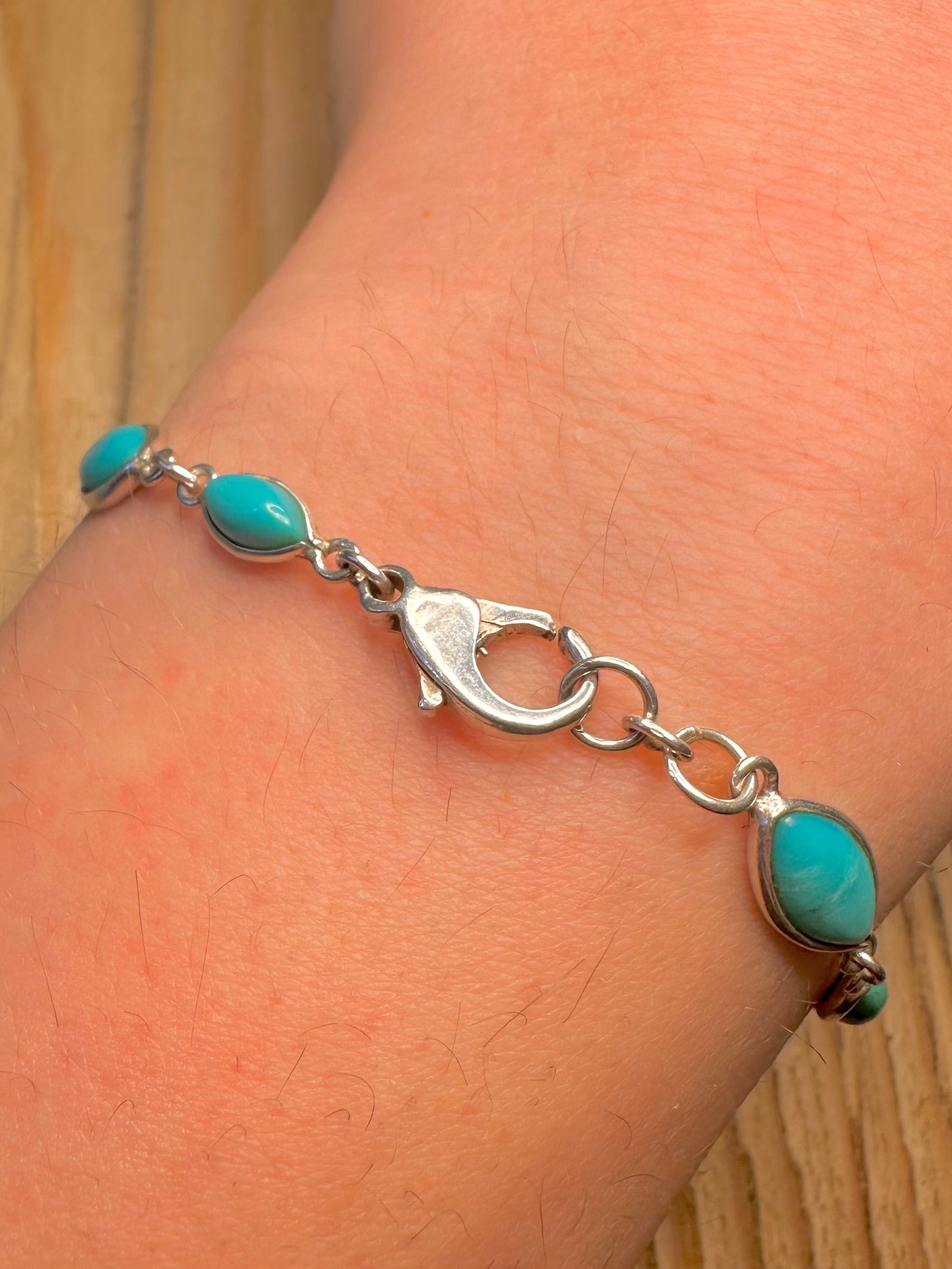 Vintage Turquoise Oval Link 925 Sterling Silver 7.5 inch Bracelet