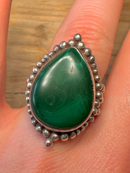 Vintage Southwestern Style Malachite 925 Sterling Silver Size O1/2 Ring