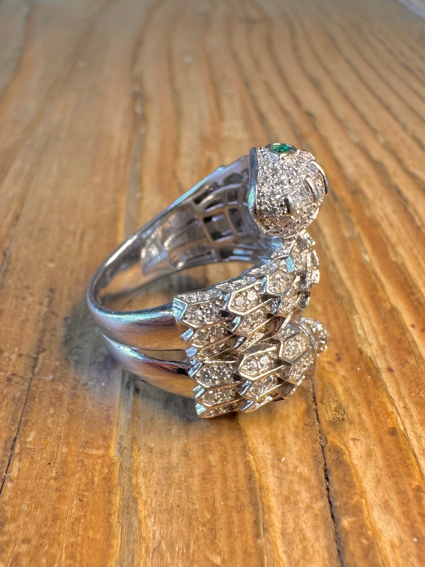 White CZ Serpentine Green Eye Wrapping 925 Sterling Silver Size N1/2 Ring