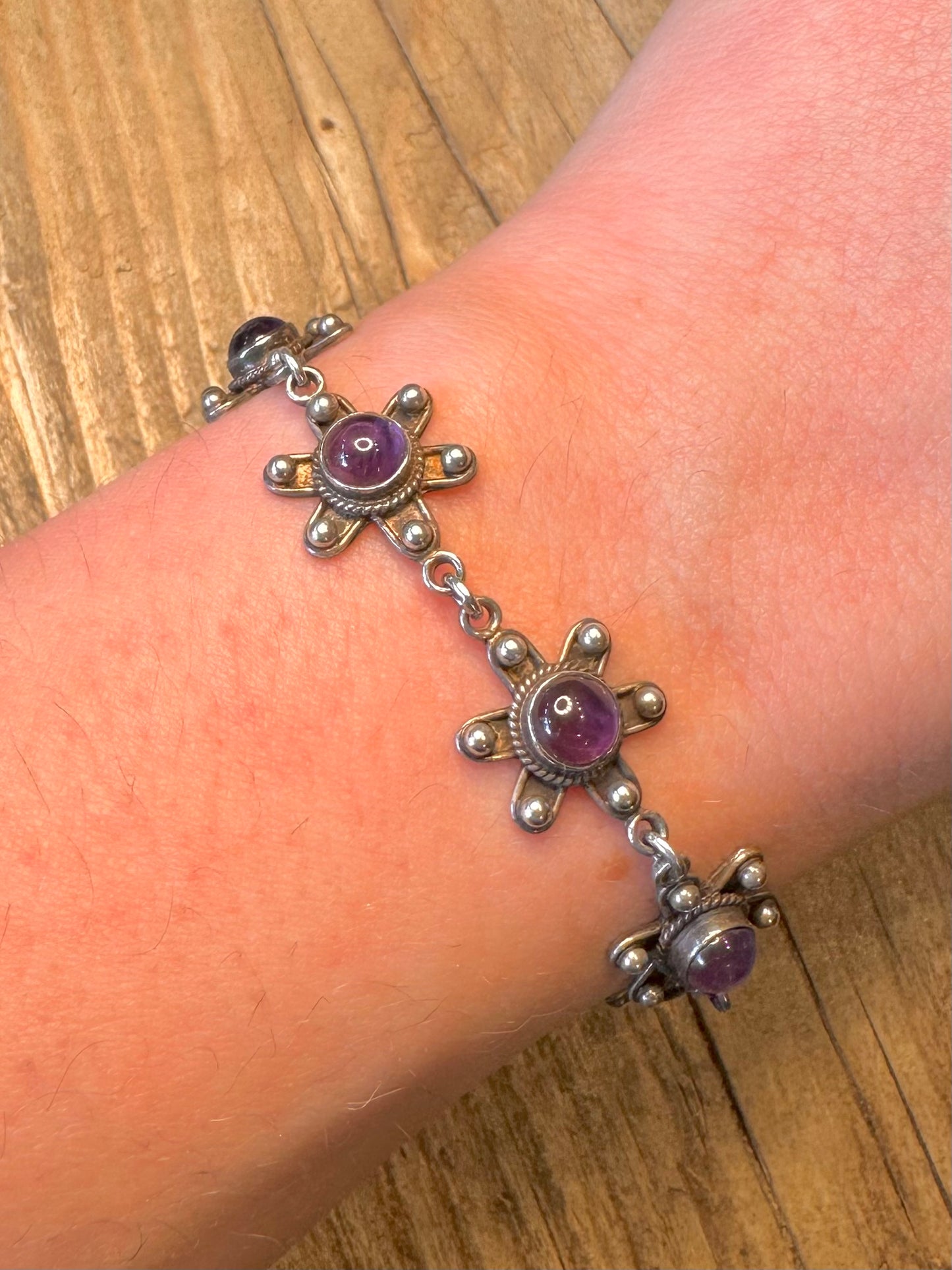 Flower Amethyst Link 925 Sterling Silver 7 inch Bracelet