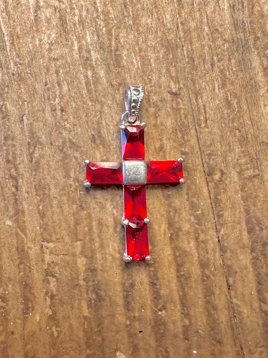Red Stone Cross 925 Sterling Silver Pendant