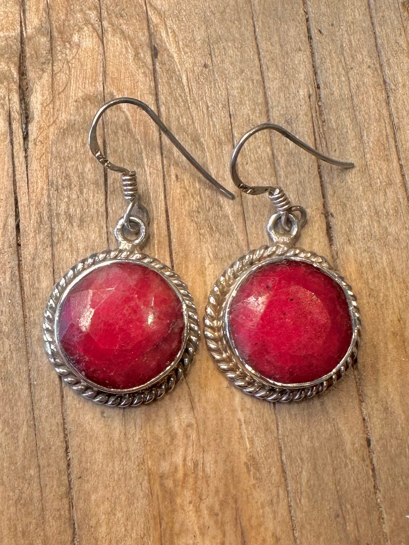 Vintage Red Ruby Stones Braided Bezel 925 Sterling Silver Earrings