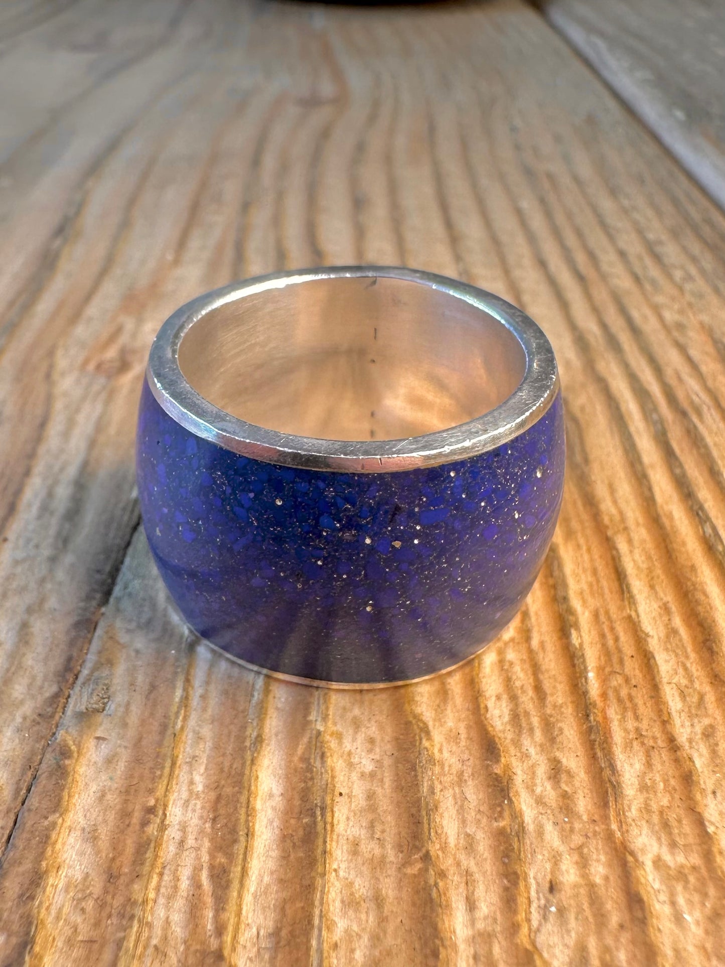 Lapis Lazuli Inlay Wide Band 925 Sterling Silver Size V Ring