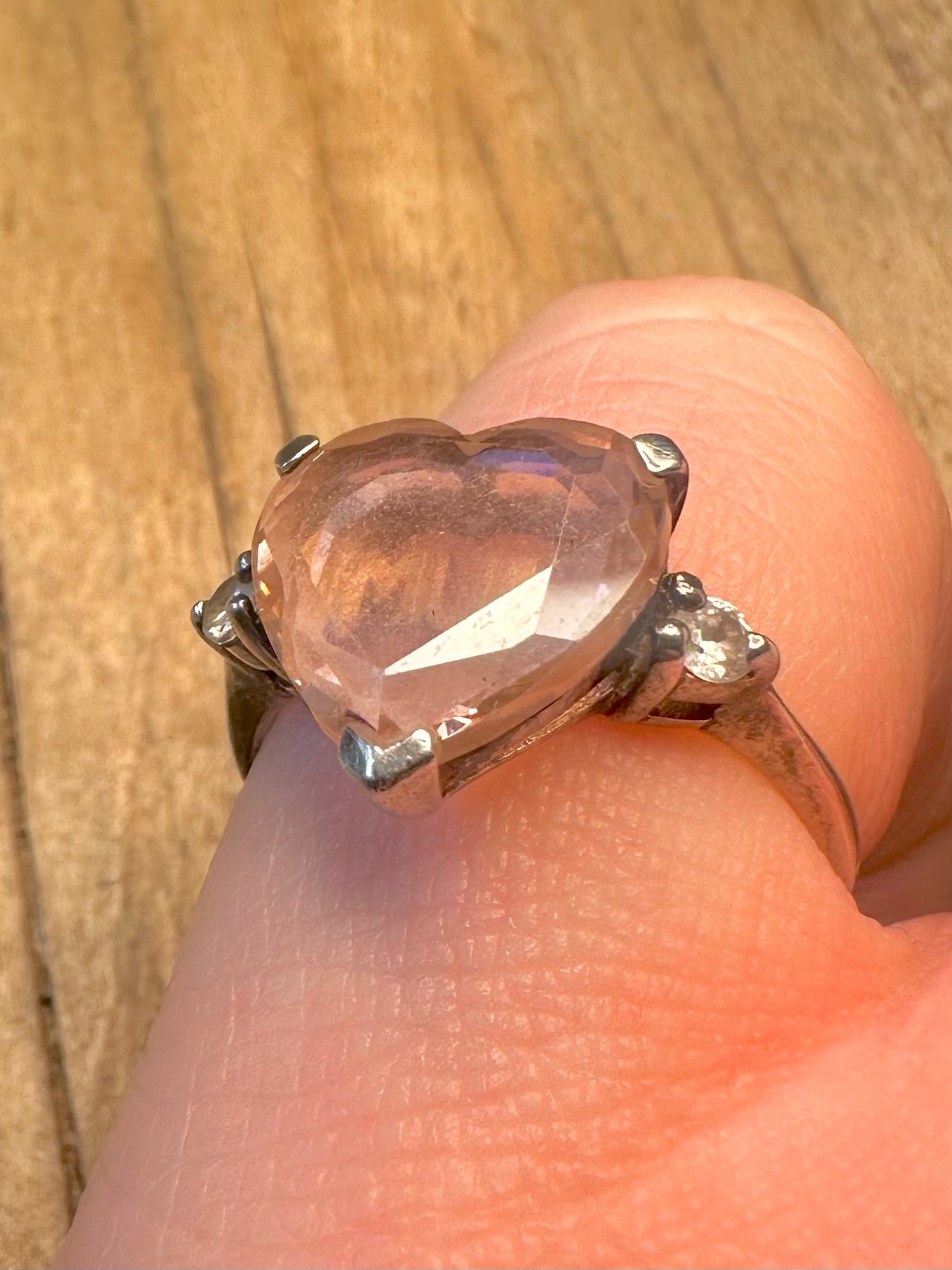 Vintage Mum Pink Heart Stone 925 Sterling Silver Size M1/2 Ring