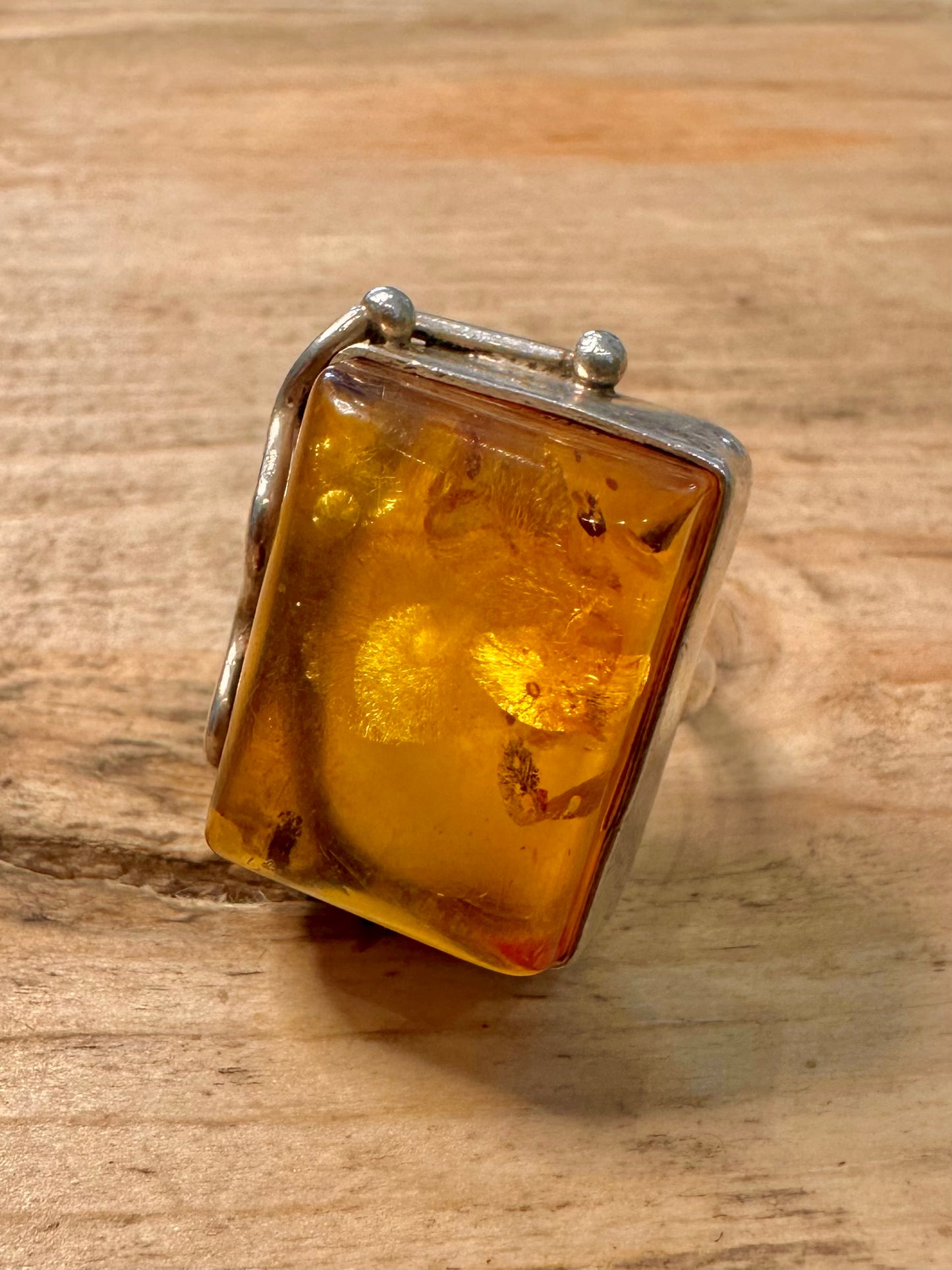 Vintage Large Amber Rectangle 925 Silver Size Q Ring