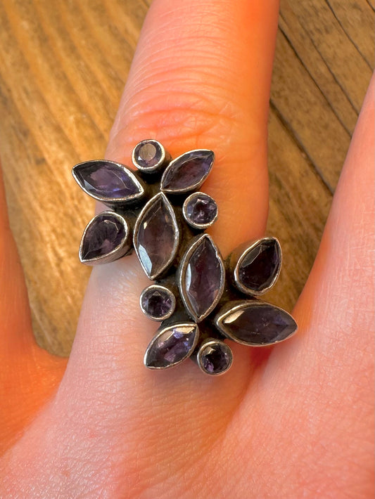 Amethyst Cluster 925 Sterling Silver Size N Ring