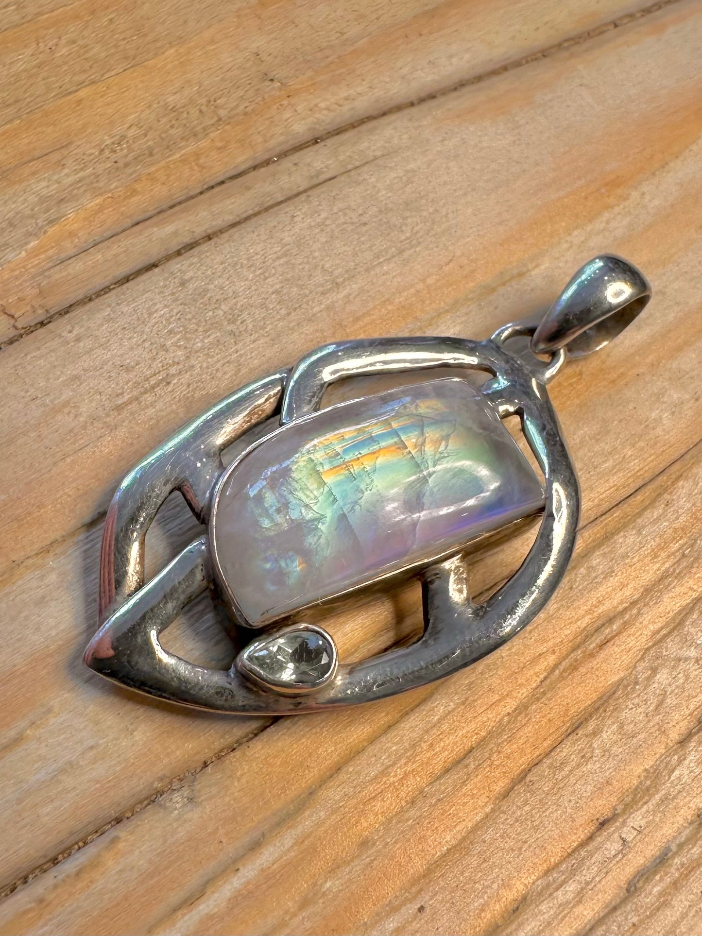 Abstract Moonstone and Blue Topaz 925 Silver Pendant