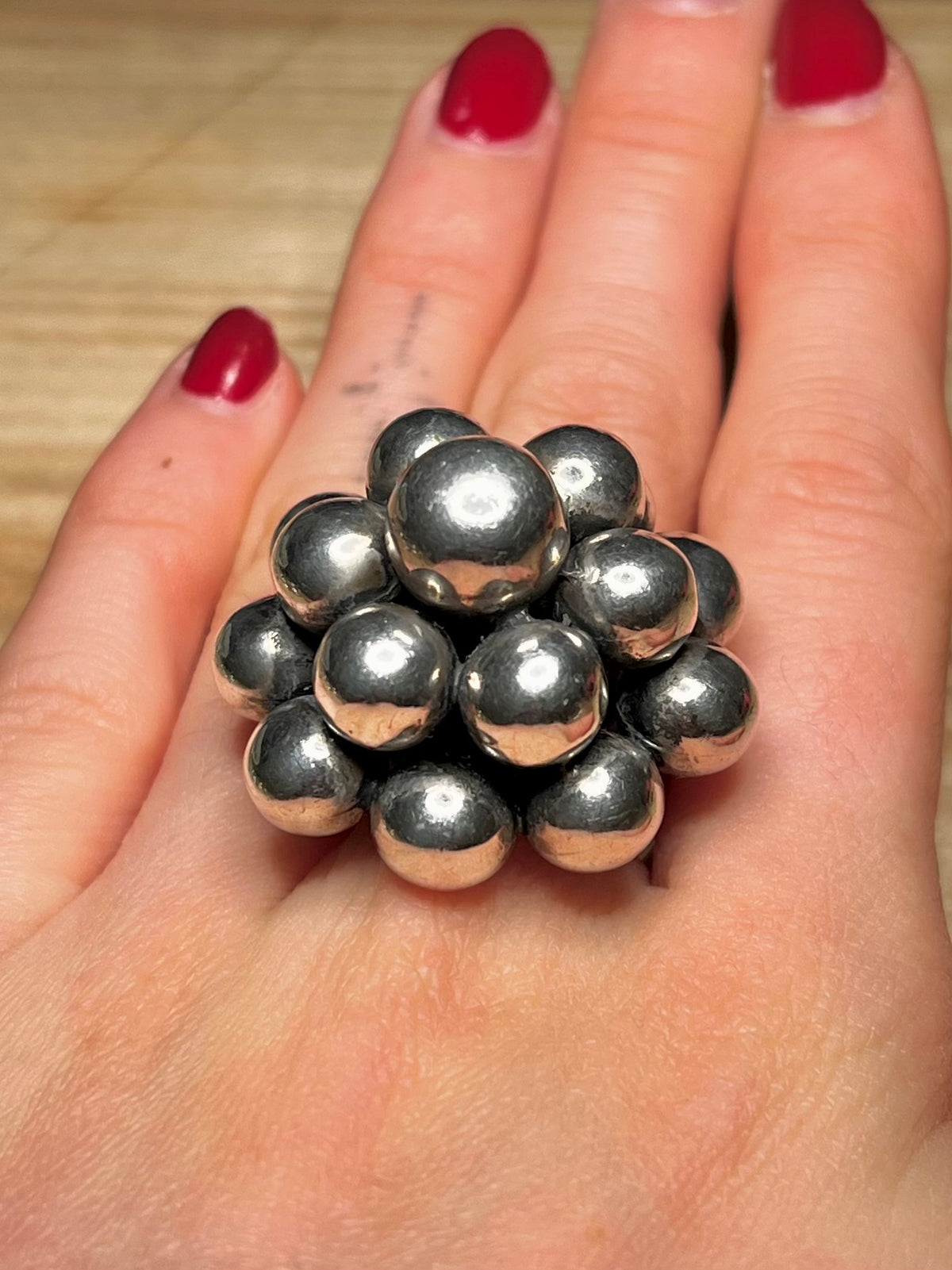Large Bobble Cluster 925 Mexico Sterling Silver Adjustable Ring