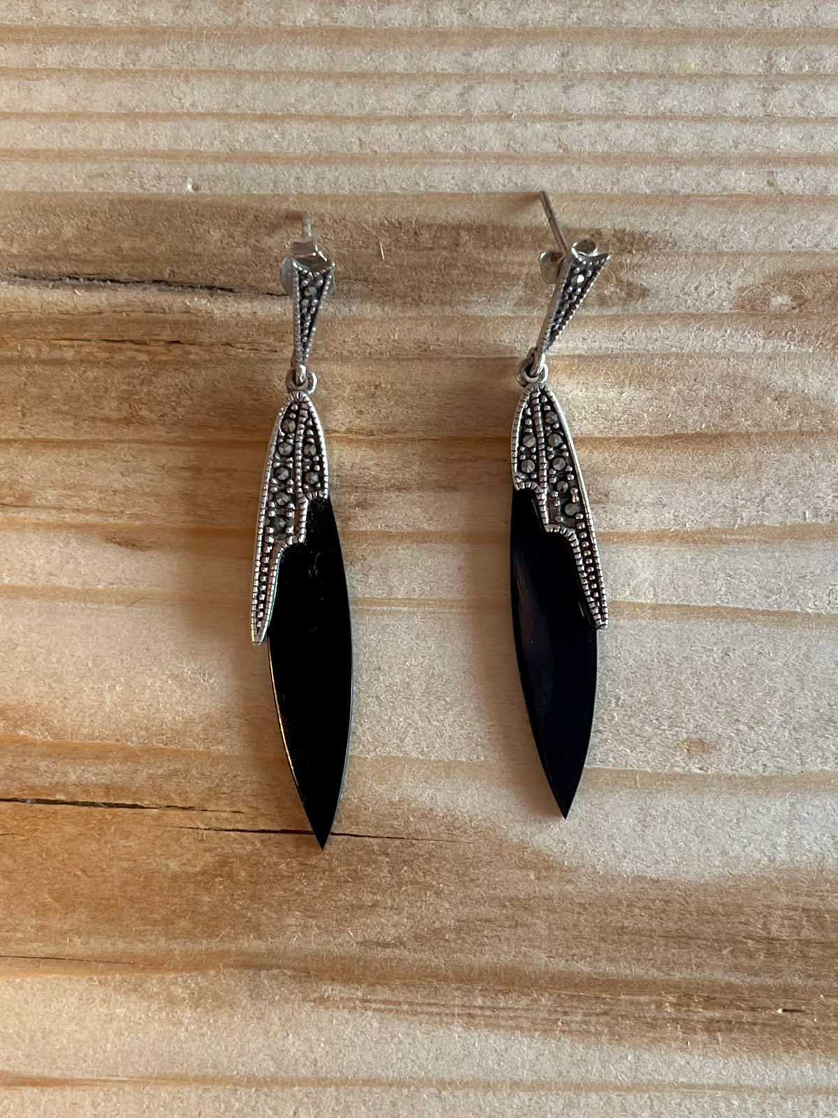 Elongated Black Onyx and Marcasite 925 Sterling Silver Drop Earrings