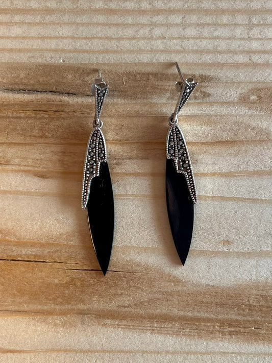 Elongated Black Onyx and Marcasite 925 Sterling Silver Drop Earrings