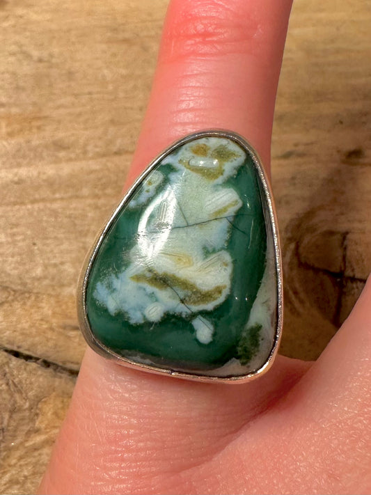 Abstract Green Agate 925 Silver Size K1/2 Ring