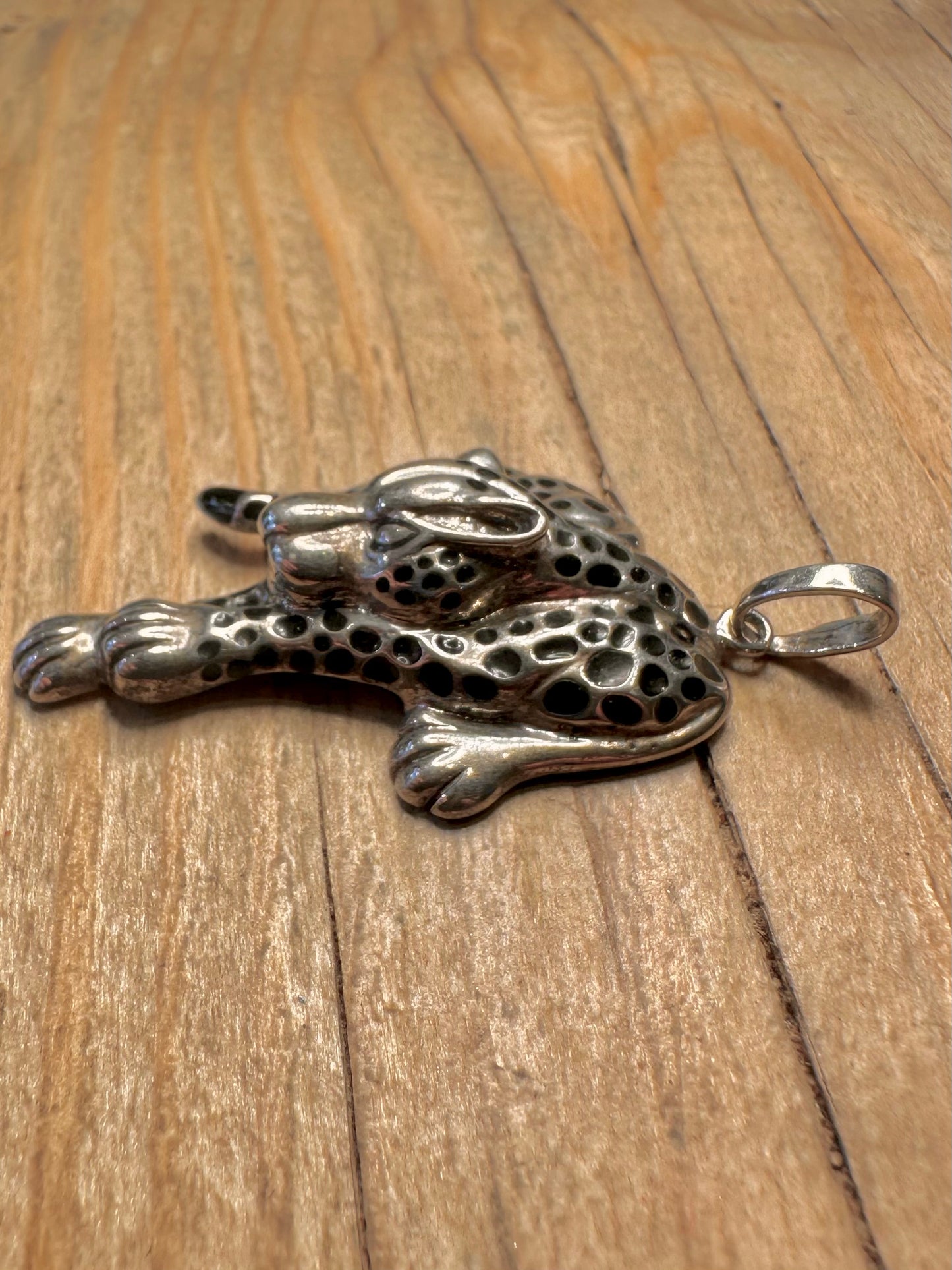 Vintage Leopard Black Enamel 925 Sterling Silver Pendant