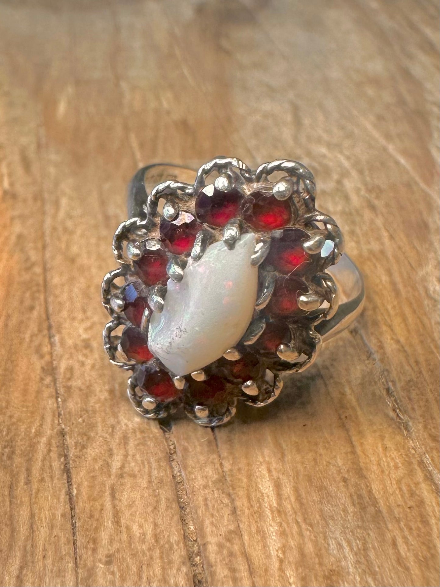 Vintage 1983 Opal and Garnet 925 Sterling Silver Size R Ring