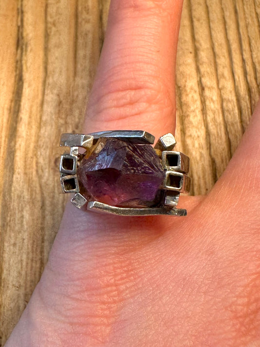 Modernist Abstract 1971 Raw Amethyst 925 Sterling Silver Size L Ring