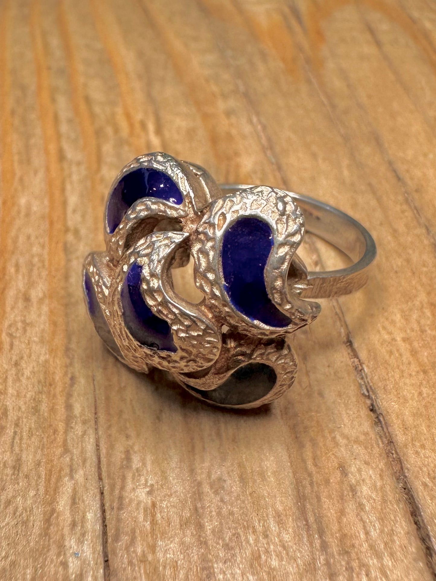 Abstract Blue Enamel 925 Sterling Silver Size N Ring