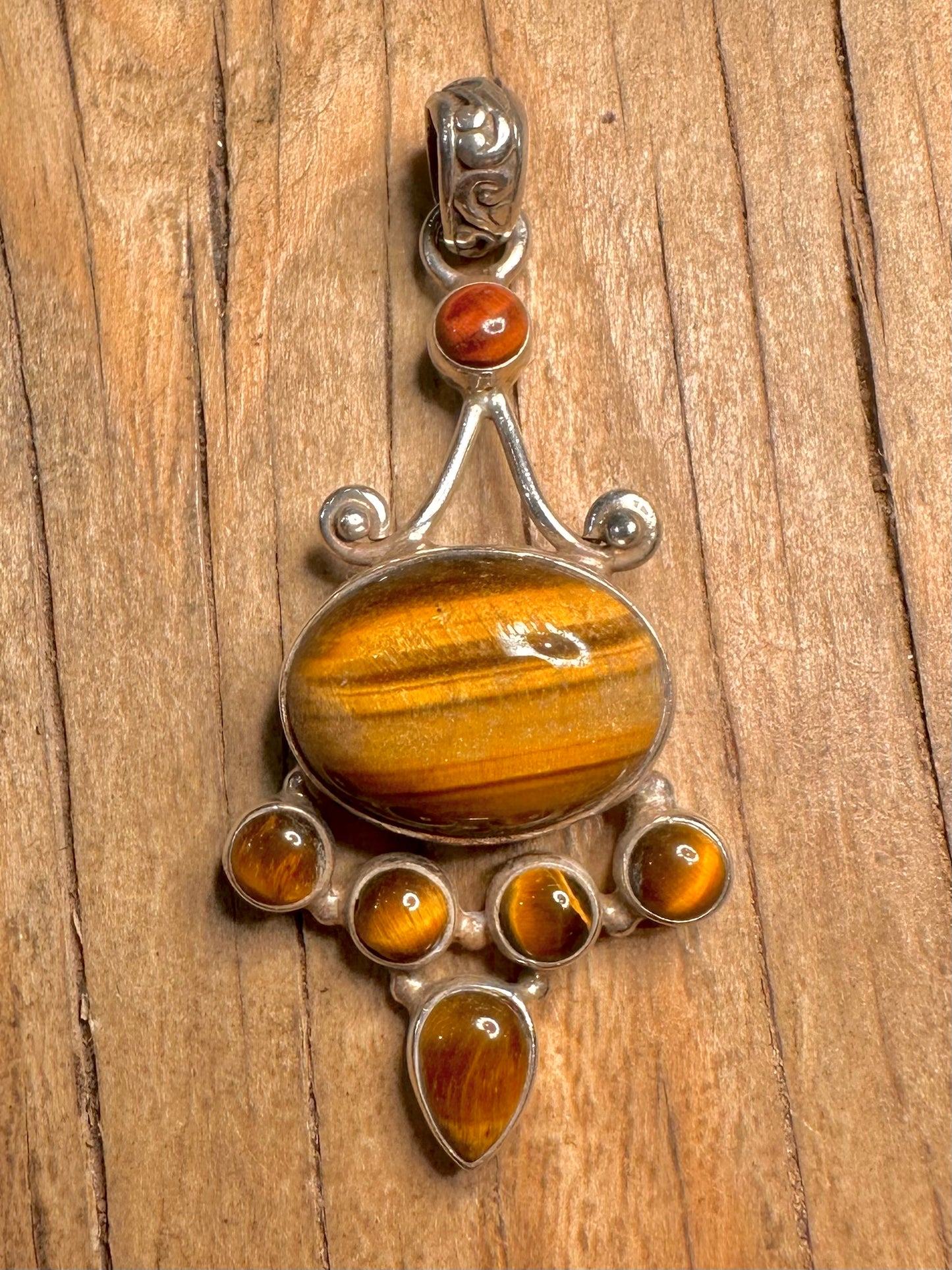 Vintage Tigers Eye Ornate 925 Sterling Silver Pendant