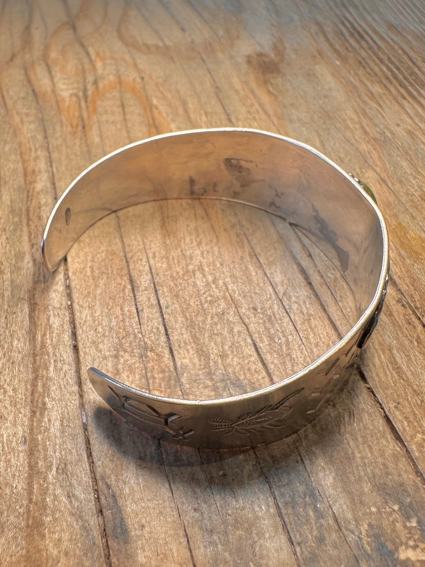 Vintage Navajo Green Turquoise Native Symbols 925 Sterling Silver Cuff Bangle