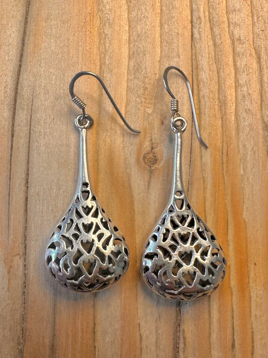 Vintage Filigree Tear Drop 925 Sterling Silver Earrings