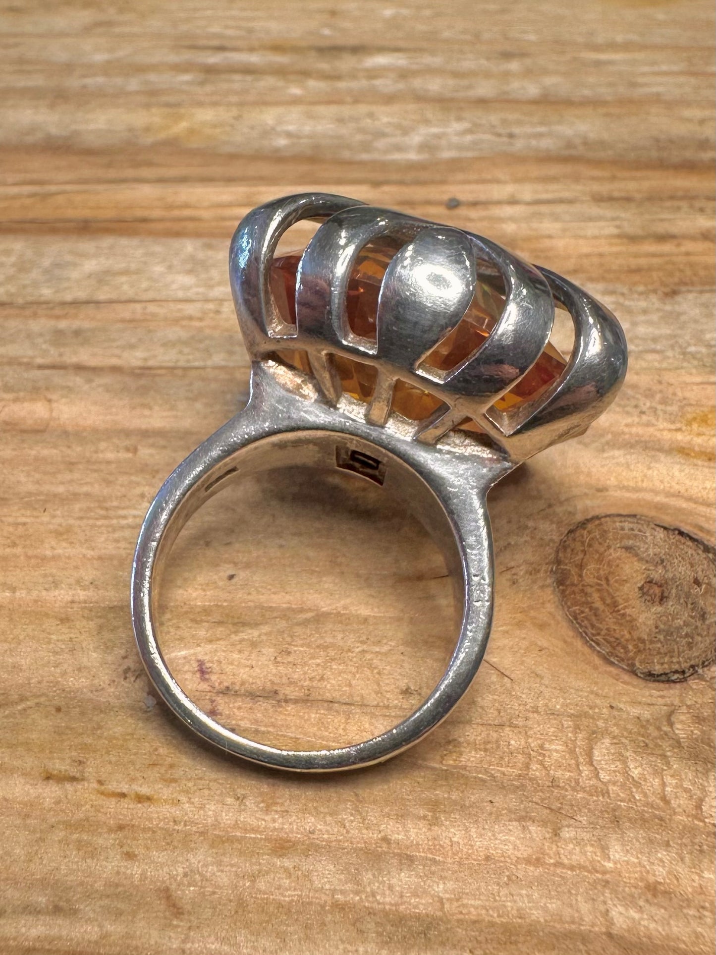 Modernist Large Faceted Citrine Spinning 925 Sterling Silver Size P1/2 Ring