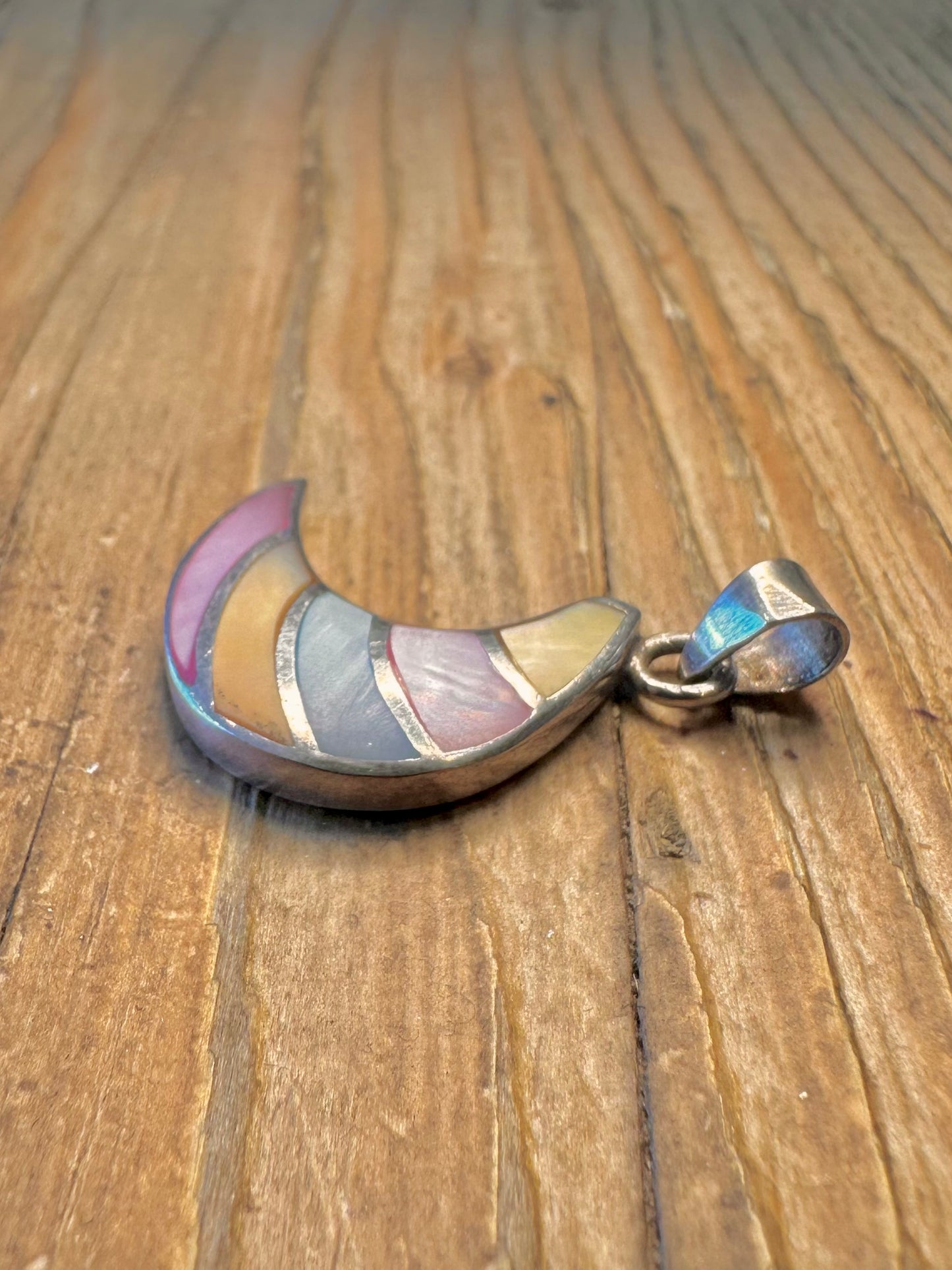 Multi Coloured Mother of Pearl Moon 925 Sterling Silver Pendant