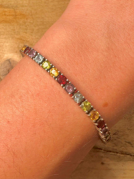 Modern 2004 Multi Gemstone Tennis 925 Silver Bracelet