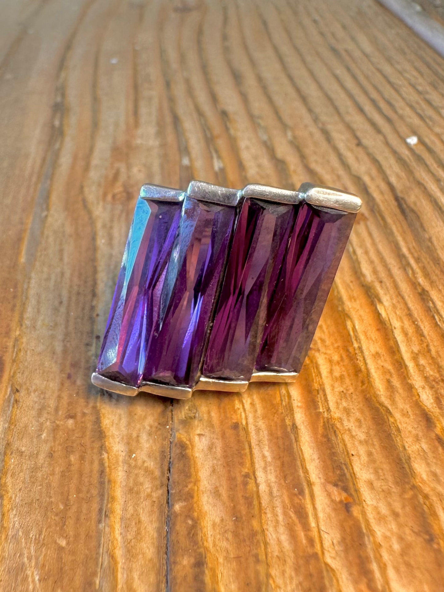 Purple Stone Baguette Cut Staggered 925 Sterling Silver Size P1/2 Ring