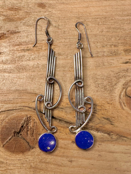 Vintage Boho Lapis Dangle 925 Silver Earrings