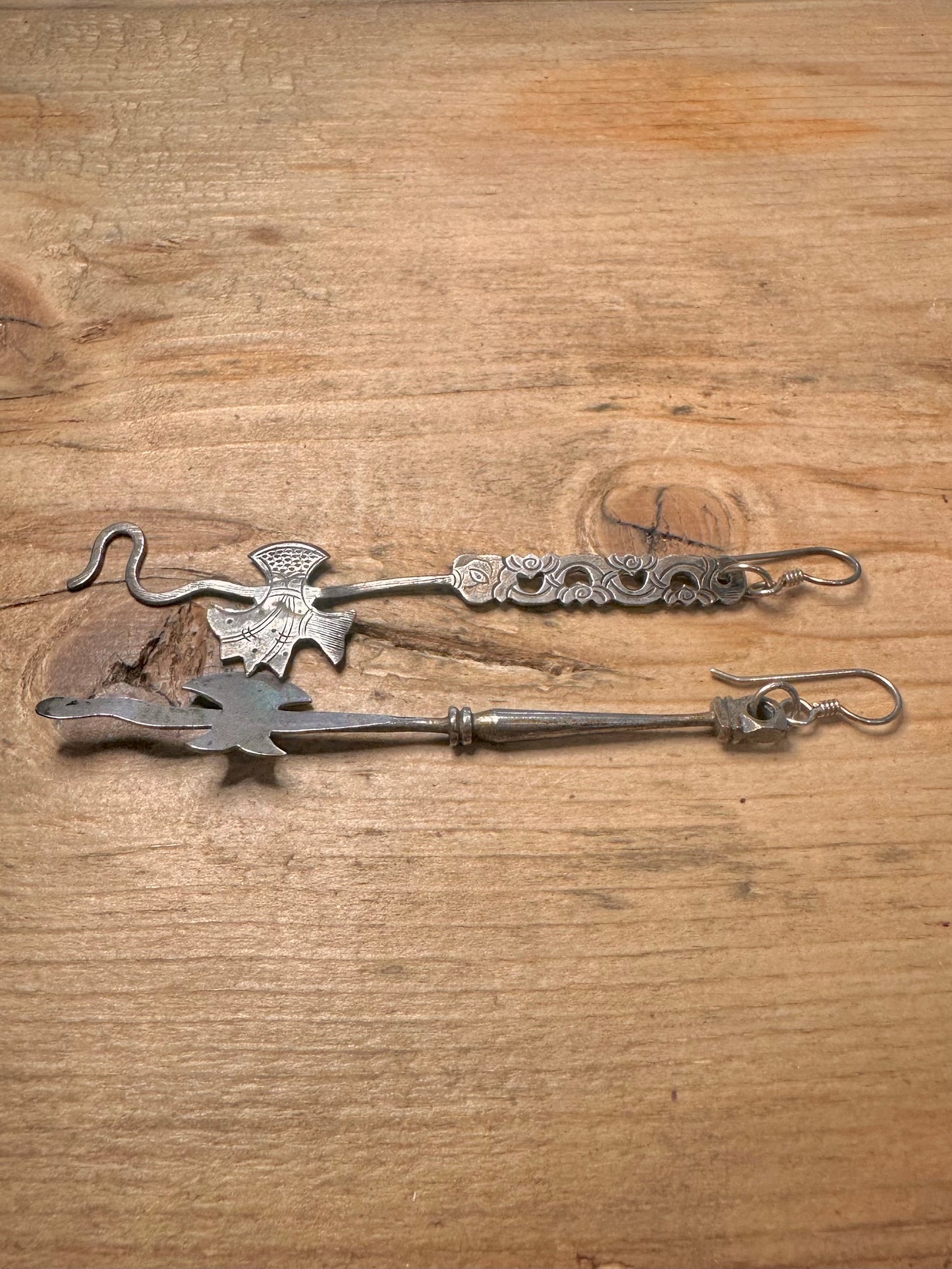 Vintage Unusual Chinese Axe Silver Earrings