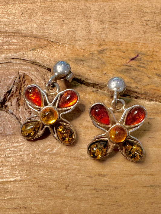 Vintage Amber Flower 925 Silver Earrings
