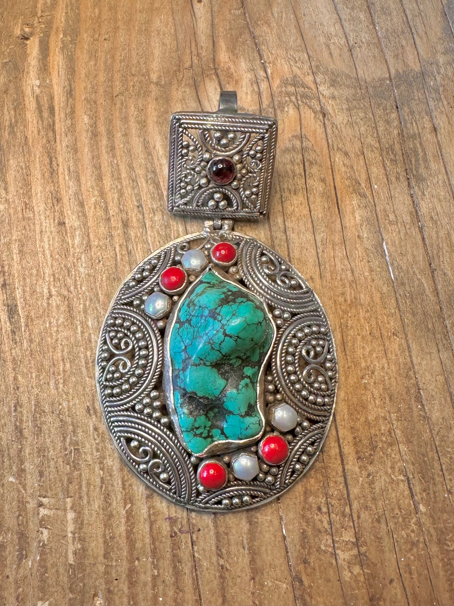Large Turquoise Coral Amethyst and Pearl Indian Ornate 925 Sterling Silver Pendant