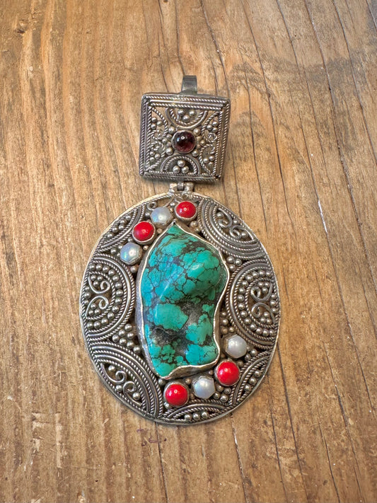 Large Turquoise Coral Amethyst and Pearl Indian Ornate 925 Sterling Silver Pendant
