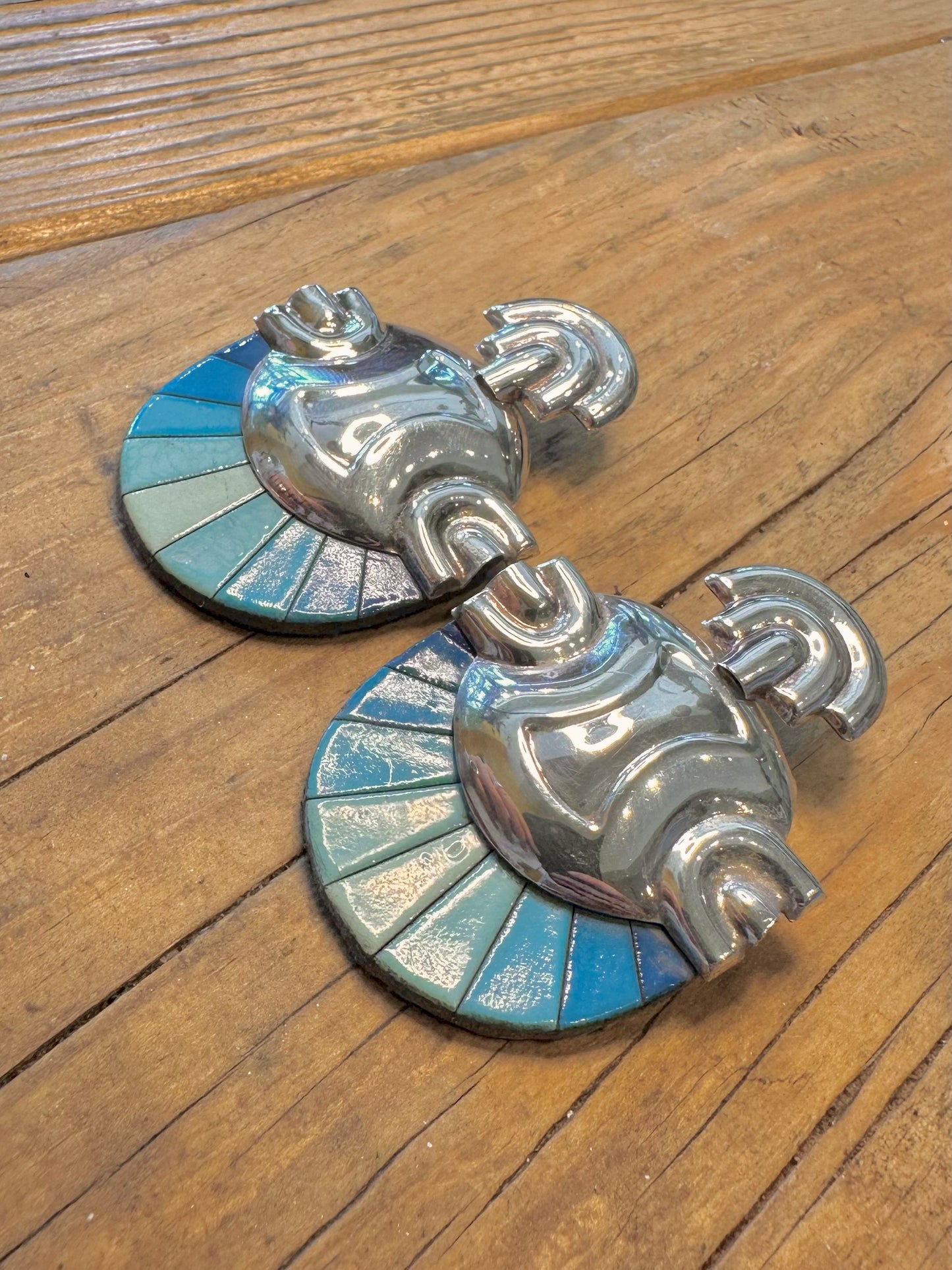 Art Deco Fan Shaped Blue Gradient Leather Back 925 Sterling Silver Earrings
