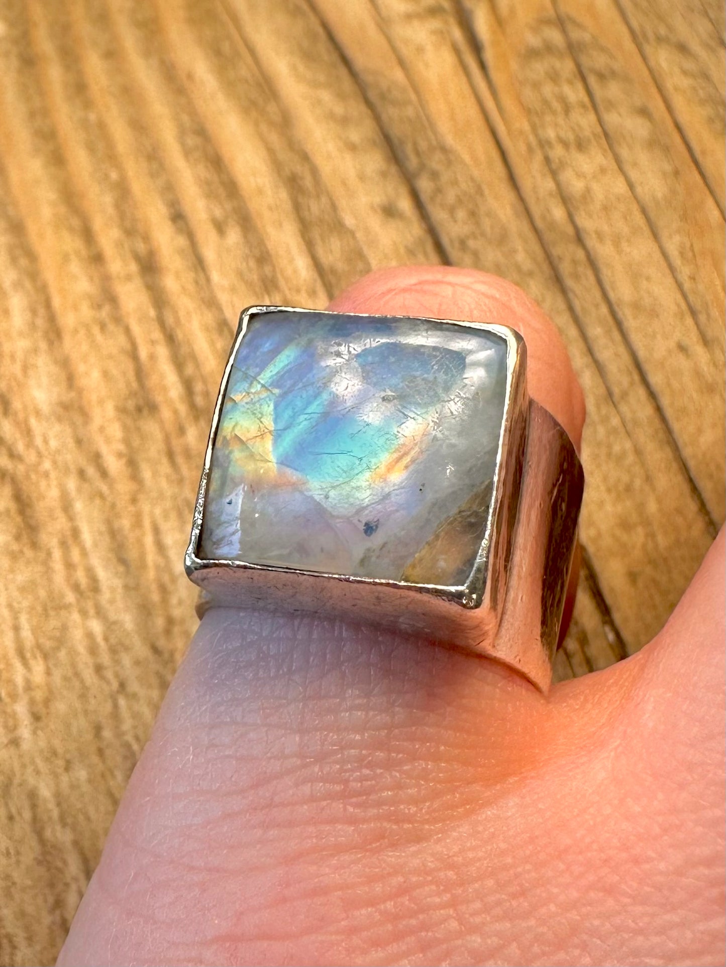 Square Rainbow Moonstone 925 Sterling Silver Size N Ring