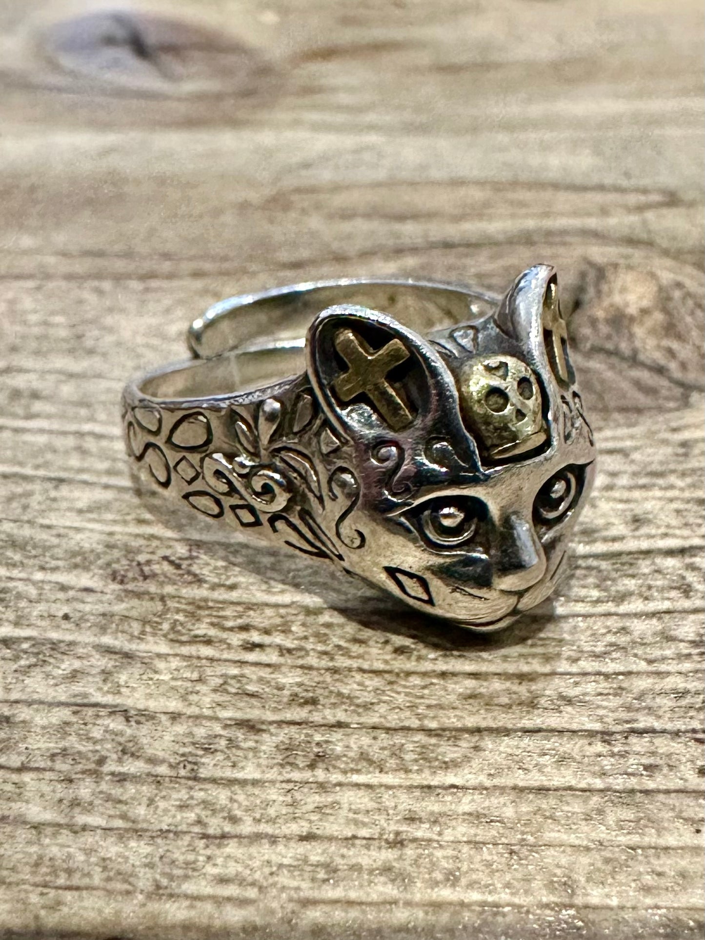 Vintage Cat Head Gold and 925 Silver Size O Adjustable Ring